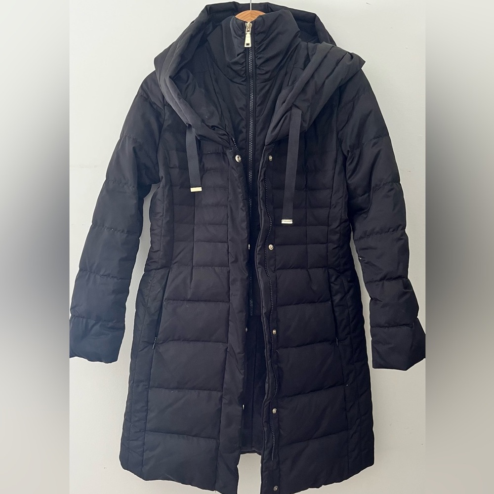 TAHARI multi layered hooded puffer coat mid length black sz S wardrobe staple